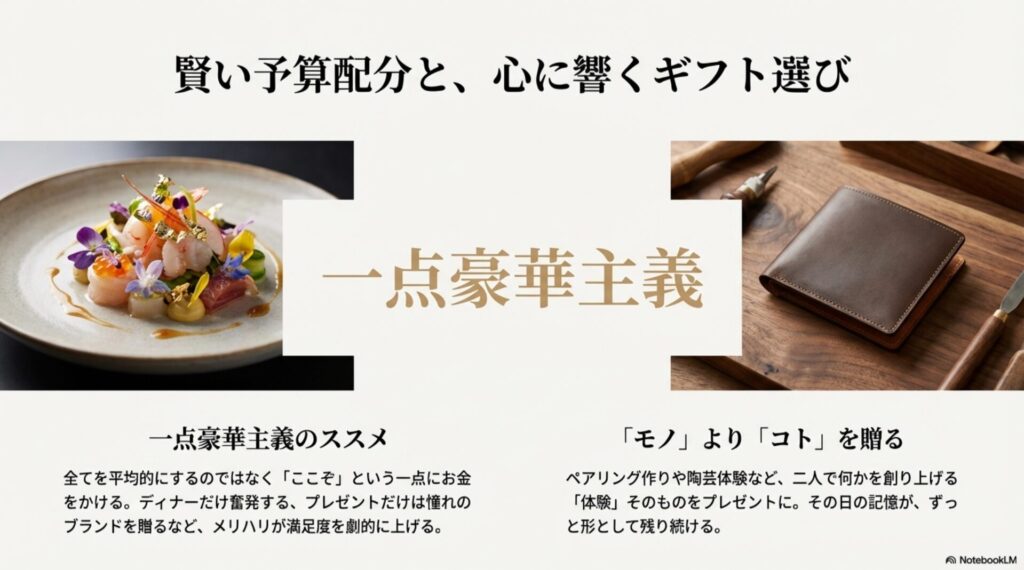 上質な革財布と、工房での指輪制作風景の写真。「一点豪華主義のススメ」「モノよりコトを贈る」というギフト選びのポイント解説。