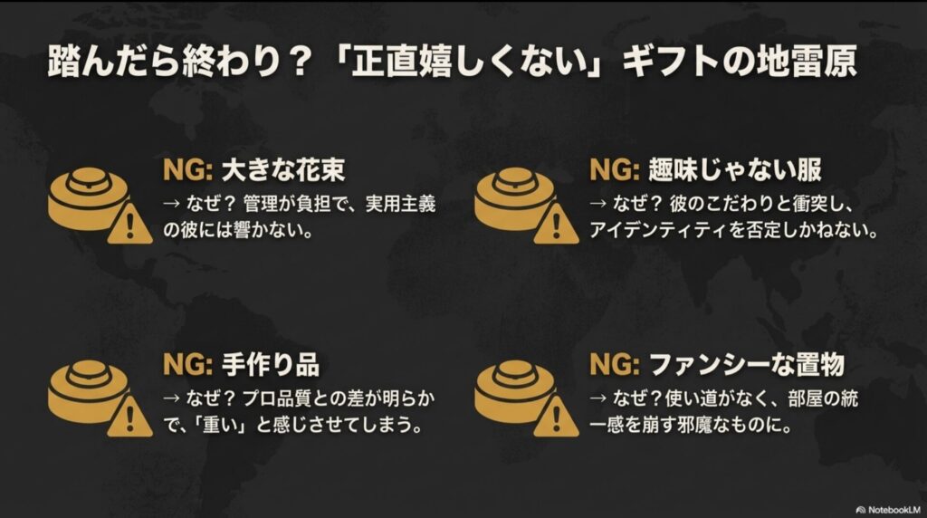 男性が正直嬉しくないと感じるNGプレゼント（花束、服、手作り、置物）の理由解説