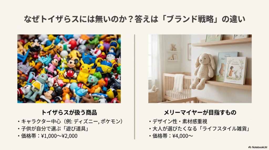 大量生産されたカラフルなおもちゃの山と、インテリアに馴染むメリーマイヤーのディスプレイ比較。