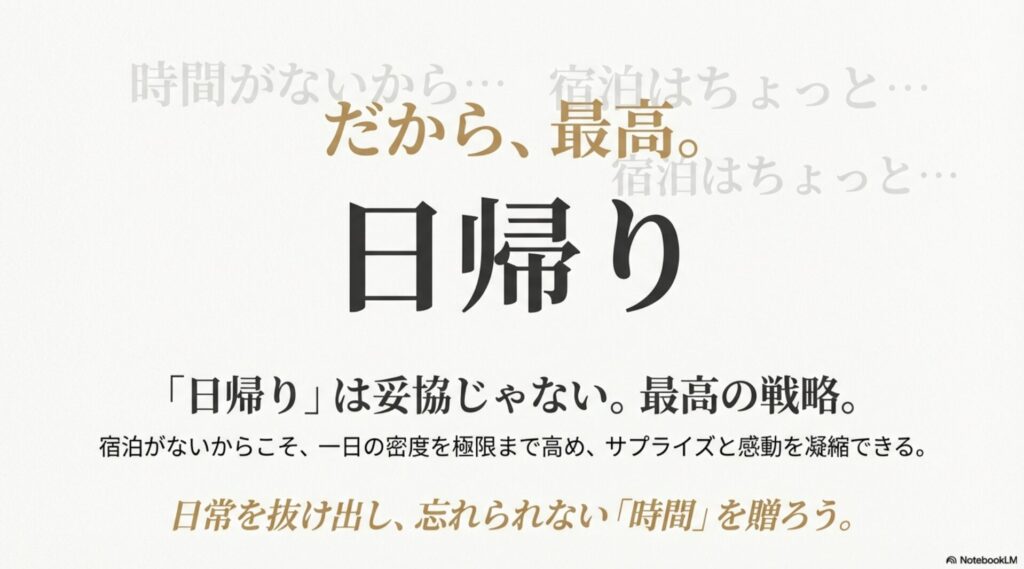 「日帰り」という大きな文字と、「宿泊がないからこそ、一日の密度を極限まで高め、サプライズと感動を凝縮できる」というメッセージが書かれたスライド。
