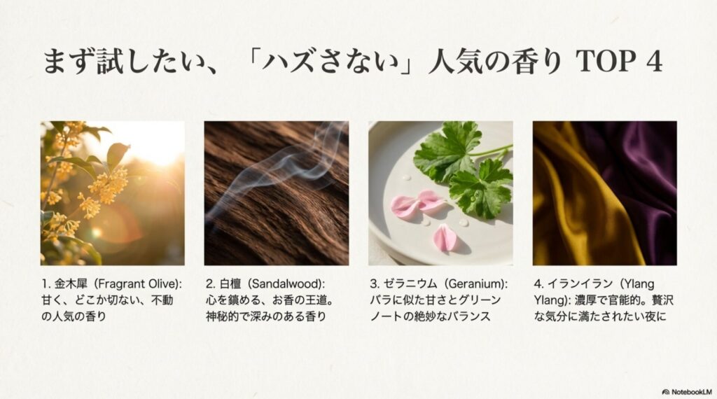hibiで人気の香りTOP4(金木犀、白檀、ゼラニウム、イランイラン)の原料イメージ写真と特徴解説。