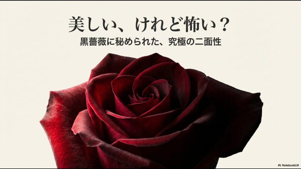 美しいけれど怖い?黒バラに秘められた究極の二面性を解説するスライド表紙