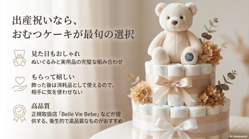 おしゃれなおむつケーキとメリーマイヤーのぬいぐるみの写真。飾った後は消耗品として使える実用性と、ギフトとしての魅力を解説
