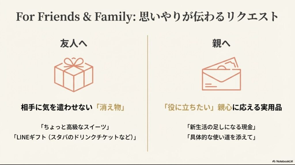 友人や親へ思いやりが伝わるリクエスト。消え物や実用品など、相手に気を遣わせないギフトのアイコン。