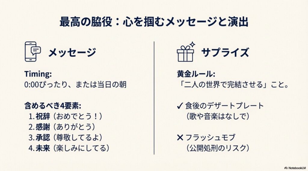 祝辞、感謝、承認、未来を含めたメッセージ構成と、0時ぴったりのタイミングなどの演出ルール