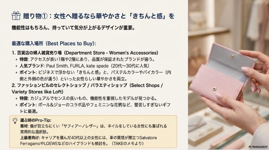 百貨店の婦人雑貨売り場やファッションビルのセレクトショップなど、女性向け名刺入れの購入場所特徴。