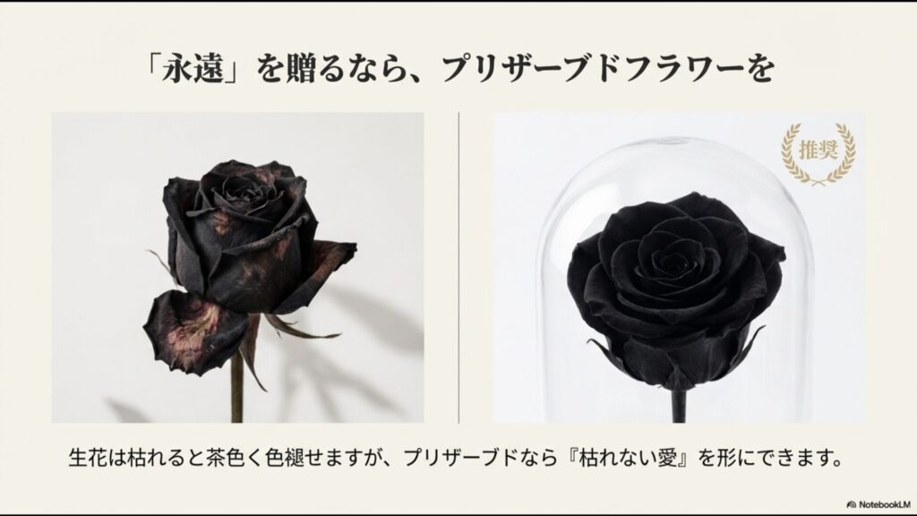 永遠を贈るならプリザーブドフラワー。生花は茶色く変色するが、プリザーブドなら漆黒のまま「枯れない愛」を表現できる比較解説