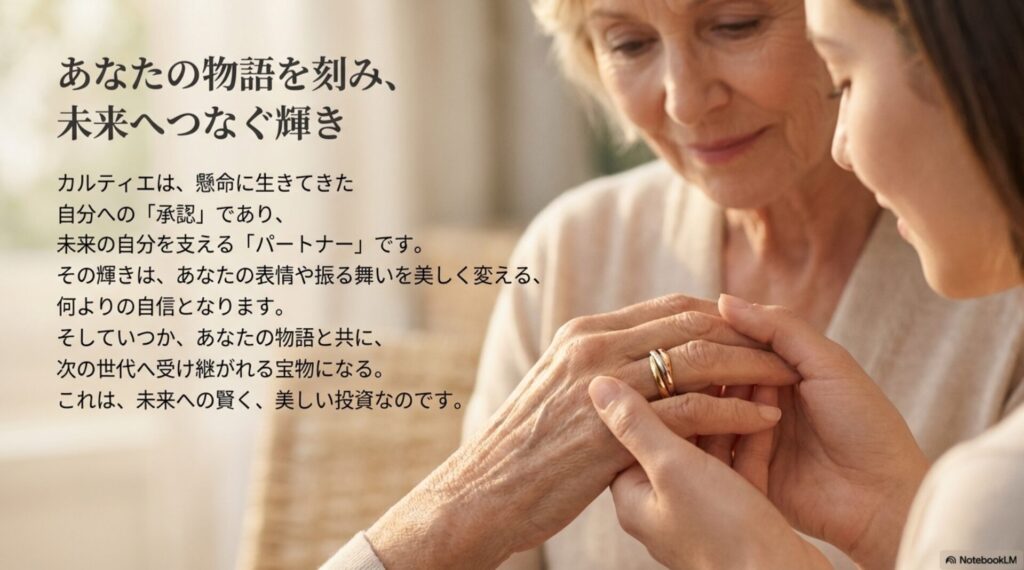 カルティエは自分への承認であり、未来のパートナー。次世代へ受け継がれる「賢く美しい投資」であるというメッセージ。