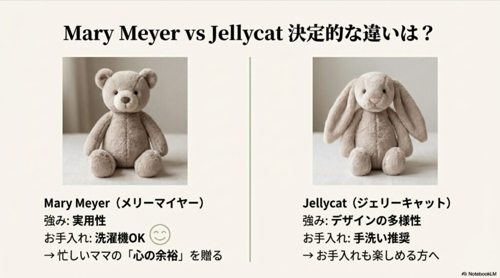 メリーマイヤー（パティシリーズ）とジェリーキャットのぬいぐるみを並べ、洗濯機対応か手洗いかなどの特徴を比較した図。