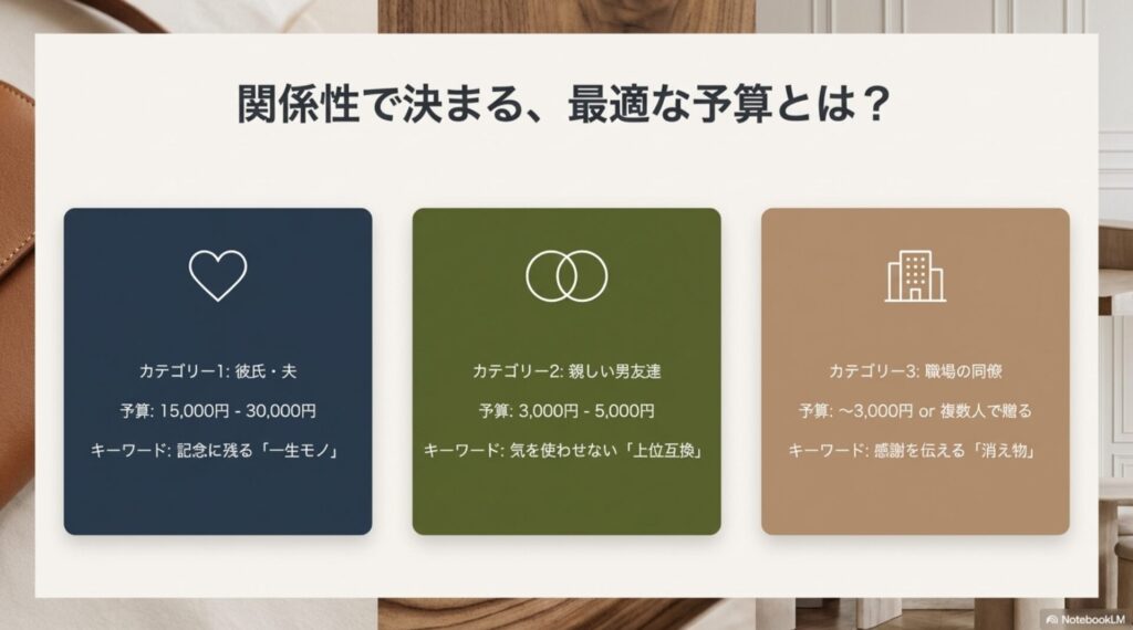 彼氏・夫、男友達、職場の同僚別の最適なプレゼント予算とキーワード一覧