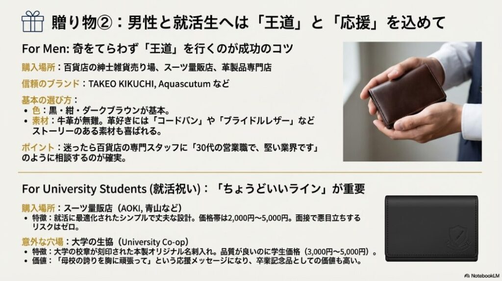 黒やダークブラウンの革製名刺入れ。百貨店やスーツ量販店での購入ポイント解説。