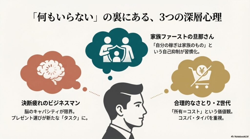 男性がプレゼントを拒む3つの理由。「家族ファーストの旦那」「決断疲れのビジネスマン」「合理的なさとり・Z世代」の特徴をまとめたイラスト図解。