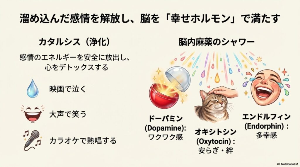 カタルシス効果と、ドーパミン、オキシトシン、エンドルフィンといった脳内物質の分泌をイラストで解説した図。