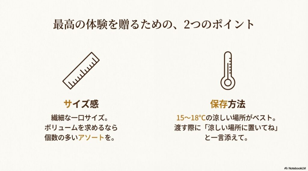 ギフト選びのポイント。繊細なサイズ感であることと、適正保存温度が15~18℃であることの注意点。