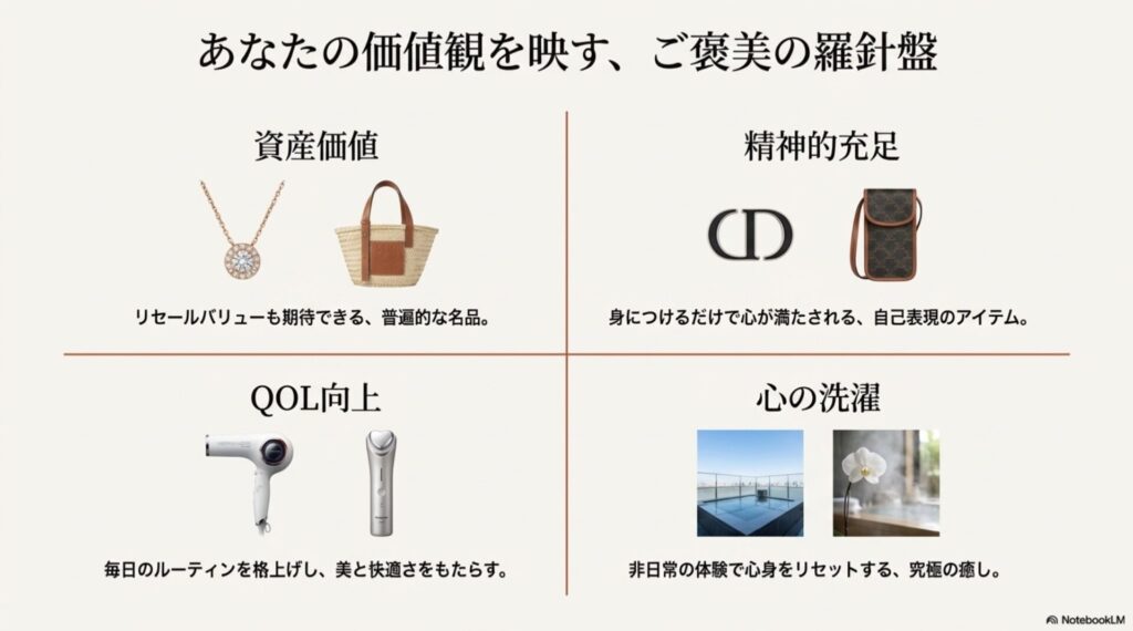 あなたの価値観を映す、ご褒美の羅針盤。資産価値、精神的充足、QOL向上、心の洗濯の4タイプ分類チャート。
