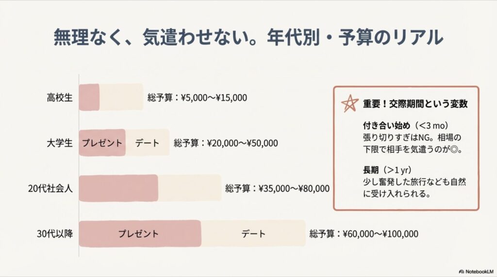 高校生、大学生、20代、30代の年代別および交際期間別の誕生日予算相場表