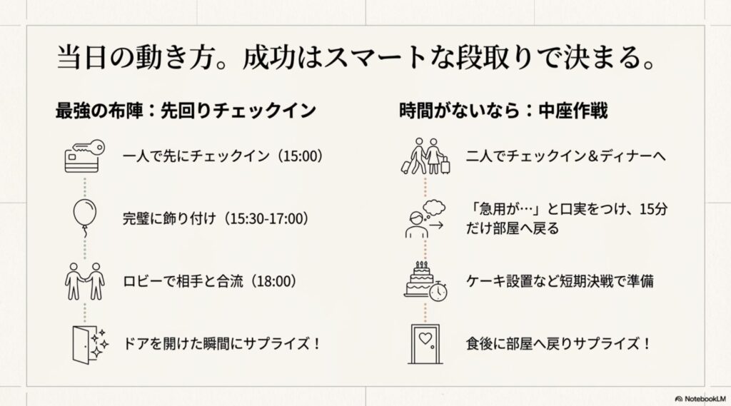 15時のチェックインから18時のサプライズ実行までの流れを示したタイムライン図。