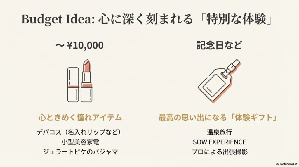 心に深く刻まれる特別な体験と憧れアイテム。デパコスや温泉旅行など、1万円以上の予算や記念日に適したギフトのイラスト。