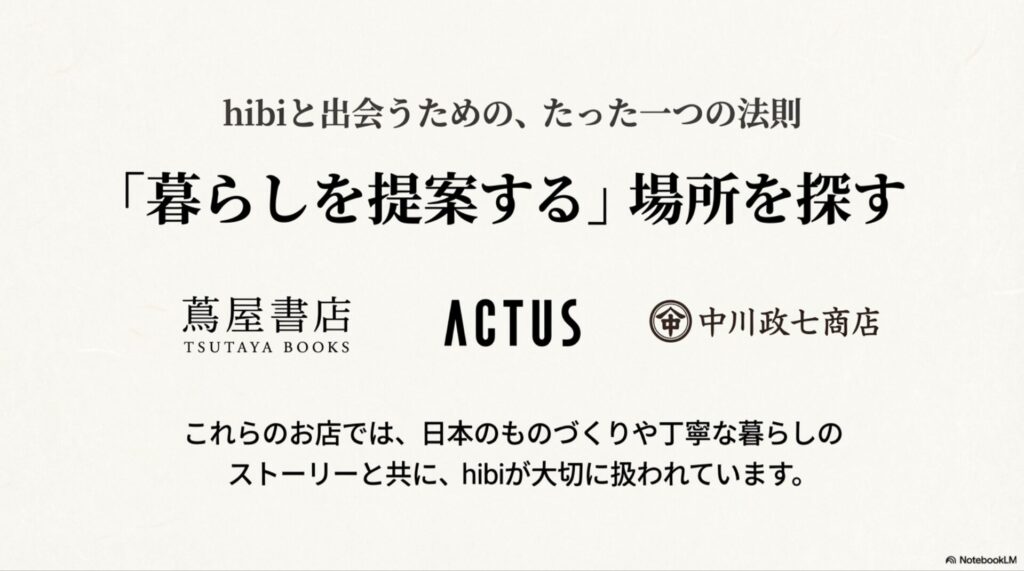 hibiの主な取り扱い店舗である蔦屋書店、TSUTAYA BOOKS、ACTUS、中川政七商店のロゴ一覧。「暮らしを提案する場所」で販売されていることを示すスライド。