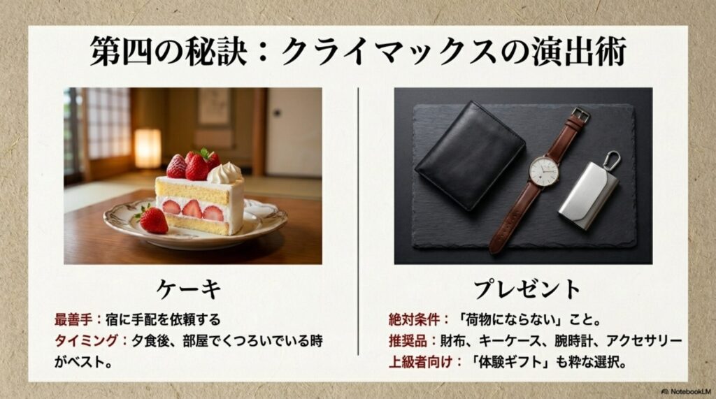 宿へのケーキ手配のコツと、荷物にならない財布や時計などの推奨プレゼントリスト