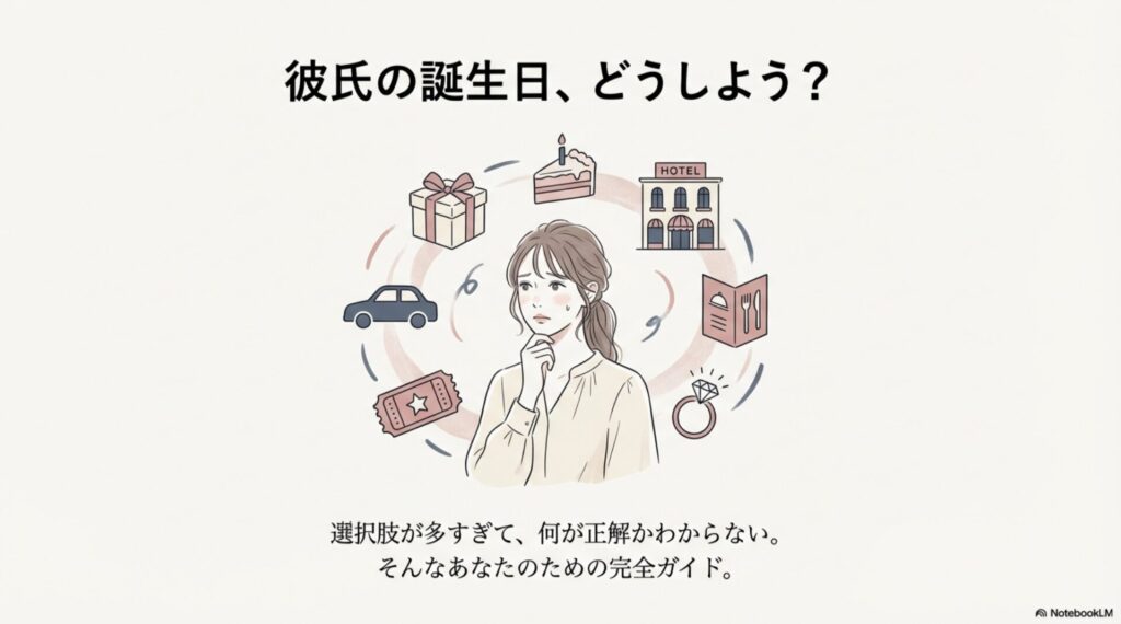 彼氏の誕生日プラン、プレゼント、ホテル、ケーキなどを悩む女性のイラスト