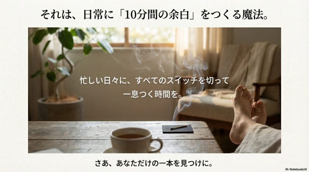 部屋でくつろぎながらお香の煙を眺めているイメージ写真。「忙しい日々に、すべてのスイッチを切って一息つく時間を」というメッセージが書かれたスライド。