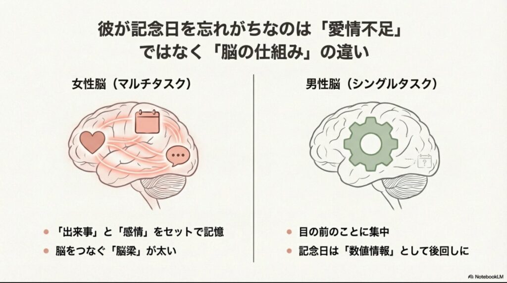 男性脳と女性脳の記憶メカニズムとマルチタスクの違いを図解