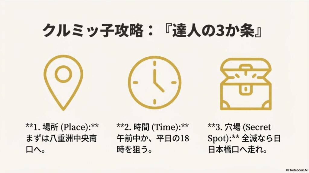 場所は八重洲中央南口、時間は午前か平日18時、全滅なら日本橋口へという「達人の3か条」のまとめスライド。