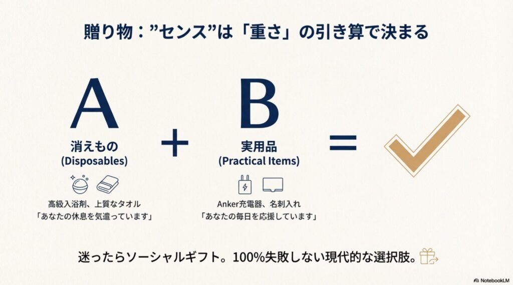 「消えもの」と「実用品」を組み合わせてセンスの良い贈り物にする図解