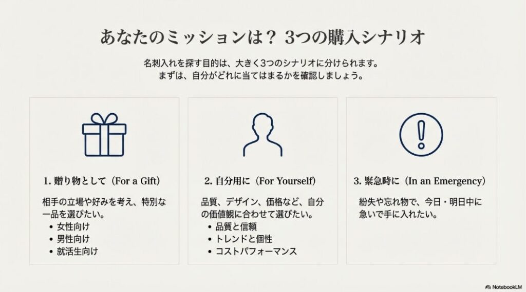 プレゼント、自分用、緊急時という3つの購入シナリオを表すアイコン。