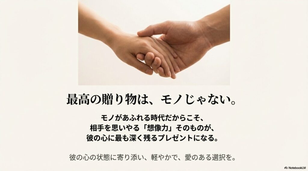 窓の外の都会の風景を見つめる男性の後ろ姿。「相手を思いやる想像力こそが最高のプレゼントになる」というメッセージスライド。