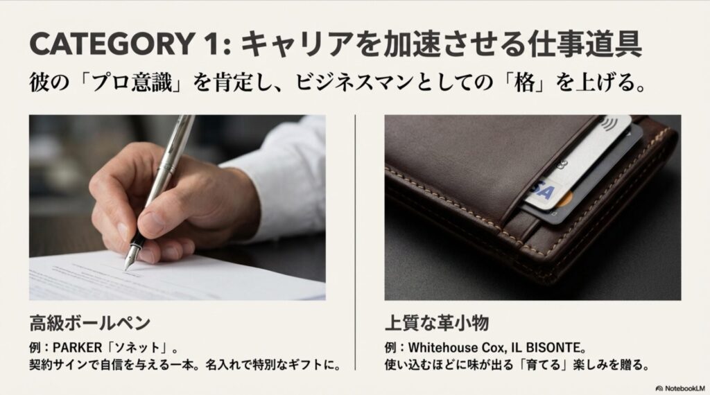 キャリアを加速させる仕事道具の例（高級ボールペン、革小物）