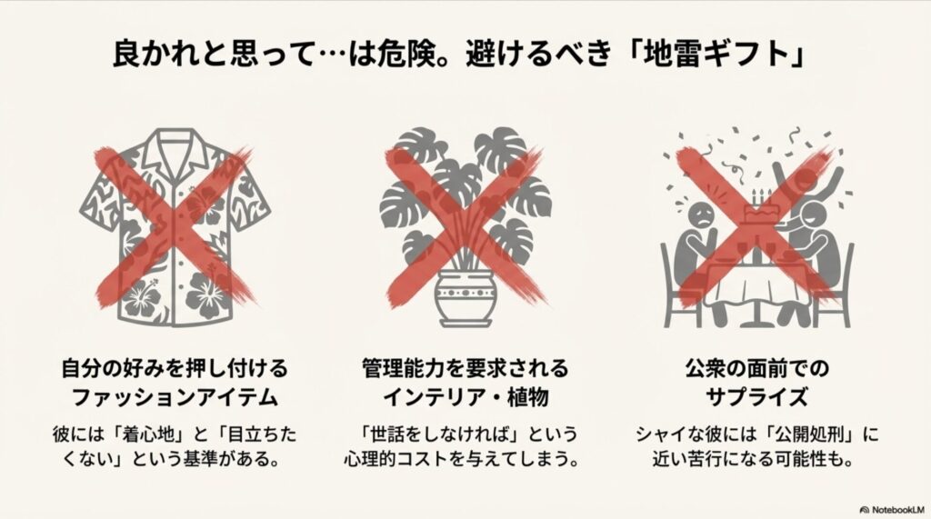 NGなプレゼントの例。好みを押し付ける服、手入れが大変な植物、公衆の面前でのサプライズのイラストに大きくバツ印がついた図。