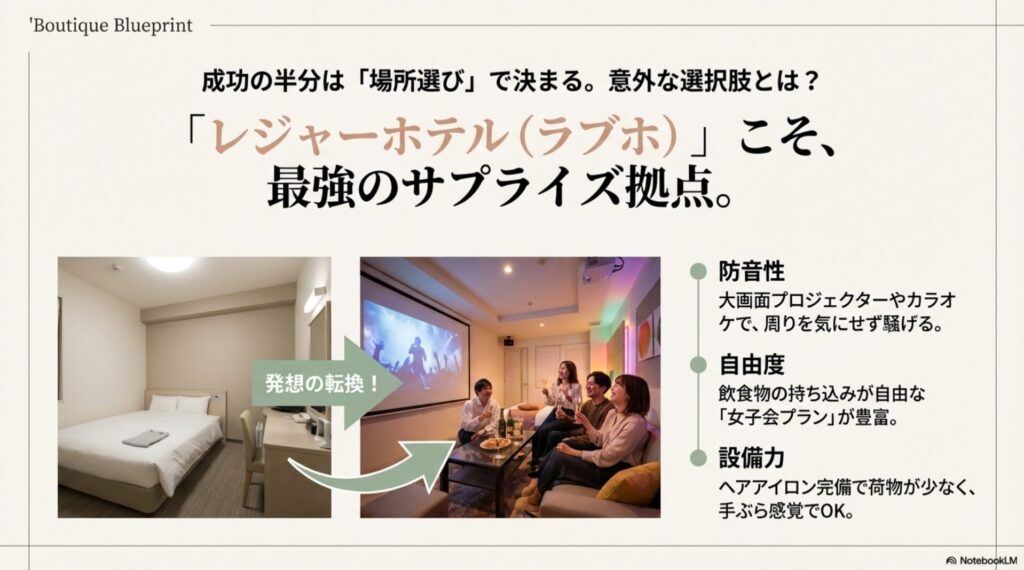 シンプルなベッドルームが、プロジェクターなどの設備でパーティー会場に変わるビフォーアフターの比較画像。