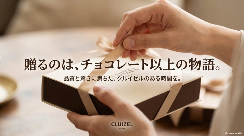クルイゼルのチョコレートがある特別な時間。「贈るのは、チョコレート以上の物語。」というメッセージ。