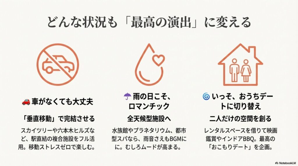 車の禁止マーク、雨のしずく、家のアイコンのイラスト。「垂直移動で完結させる」「雨の日こそロマンチック」「いっそおうちデートに切り替え」という3つの提案。
