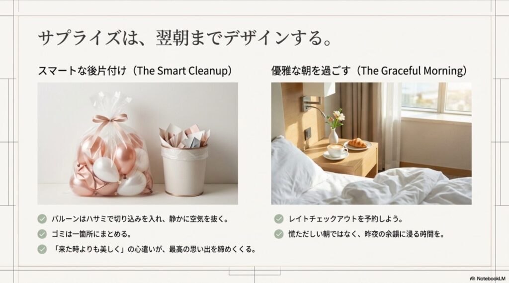 まとめたバルーンのゴミ袋と、翌朝ホテルで優雅にコーヒーを飲む様子のイメージ画像。