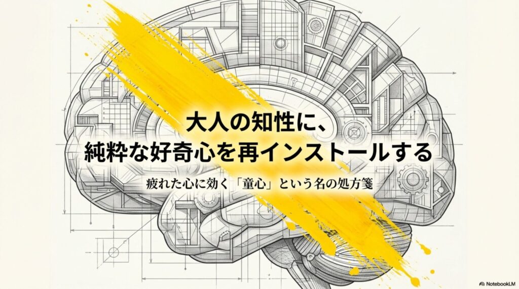 「大人の知性に純粋な好奇心を再インストールする」というキャッチコピーが書かれたタイトルスライド。