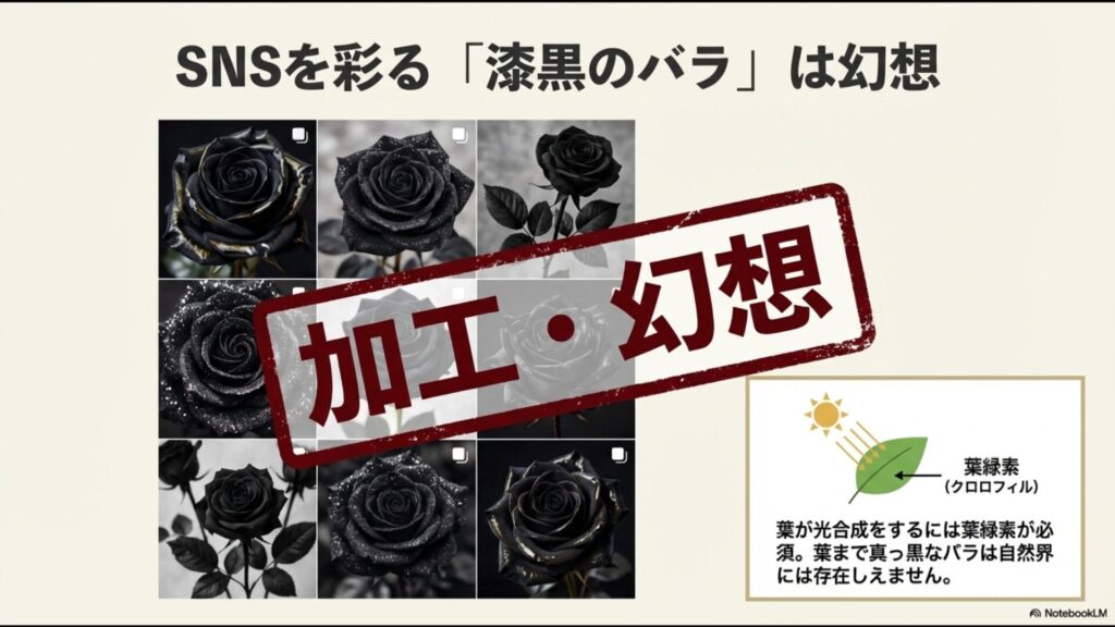 SNSで見かける漆黒のバラは加工画像。葉緑素(クロロフィル)がないと光合成ができないため、自然界に真っ黒なバラは存在しない解説図