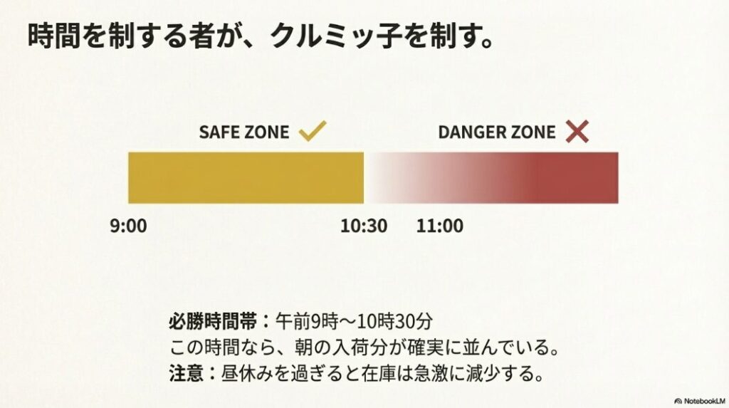 午前9時から10時30分をセーフゾーン、11時以降を在庫減少のデンジャーゾーンとして示したタイムラインチャート。