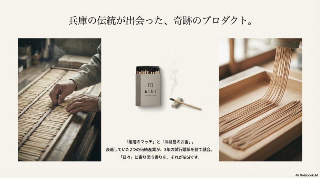 マッチの製造工程とお香の製造工程の様子。日本の伝統技術が融合して生まれたhibiの製造背景。