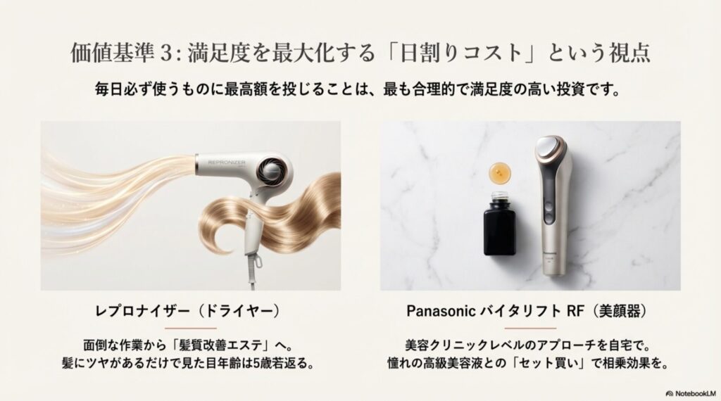 価値基準3：満足度を最大化する「日割りコスト」という視点。レプロナイザー（ドライヤー）とPanasonicバイタリフトRF（美顔器）。