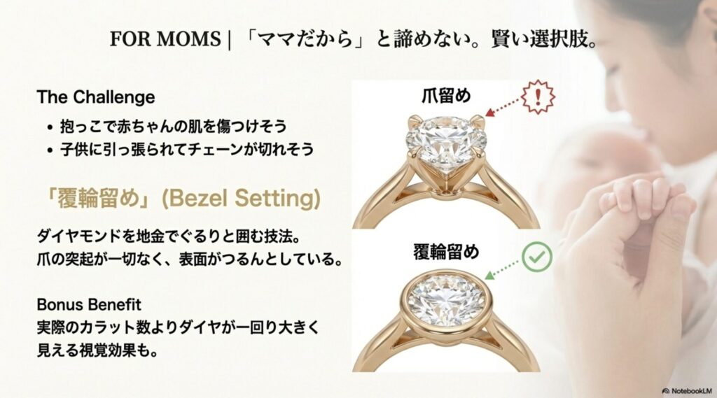 爪留めと覆輪留め(フクリン留め)の比較図。子供を傷つけない安全なデザインと、ダイヤが大きく見える視覚効果についての解説