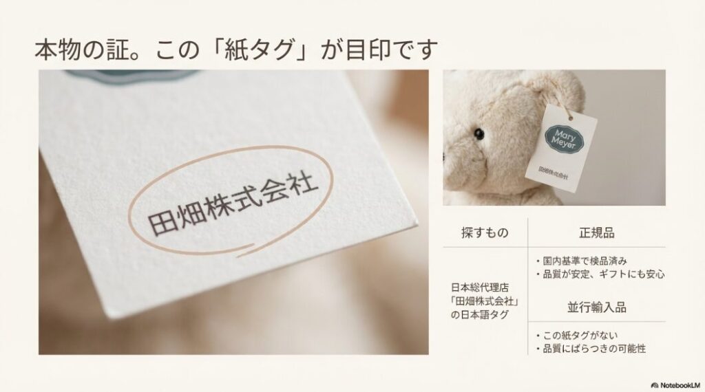 メリーマイヤーの正規品についている「田畑株式会社」の日本語紙タグの拡大写真と、タグがない並行輸入品との品質比較表