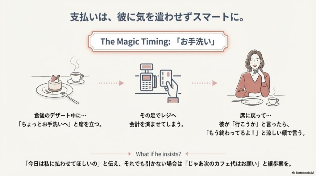 彼氏が手洗いに行っている間や、食後のデザート中に済ませるスマートな支払い手順