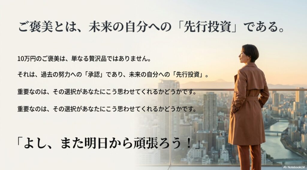 ご褒美とは、未来の自分への「先行投資」である。10万円の選択が「よし、また明日から頑張ろう！」と思わせてくれるかどうかが重要。