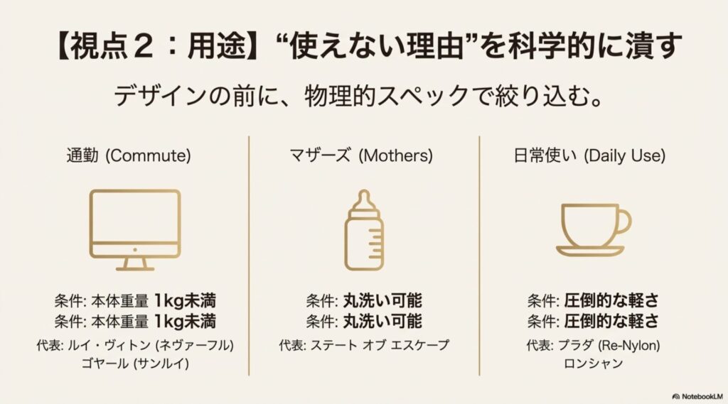 用途別バッグ選びの条件：通勤は1kg未満、マザーズは丸洗い可能、日常は軽量重視