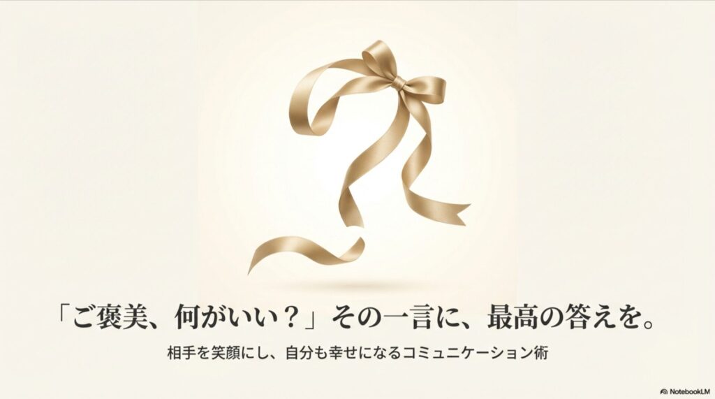 金色のリボンが結ばれたギフトのイメージ画像。「ご褒美、何がいい？」その一言に、最高の答えを。というキャッチコピー。