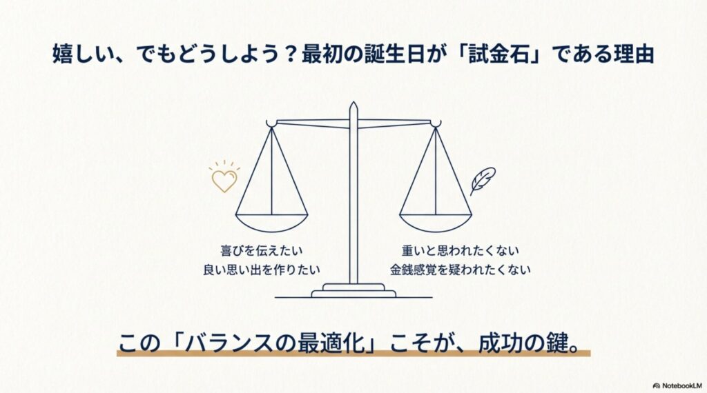 「喜びを伝えたい」気持ちと「重いと思われたくない」心理のバランスをとる天秤のイラスト