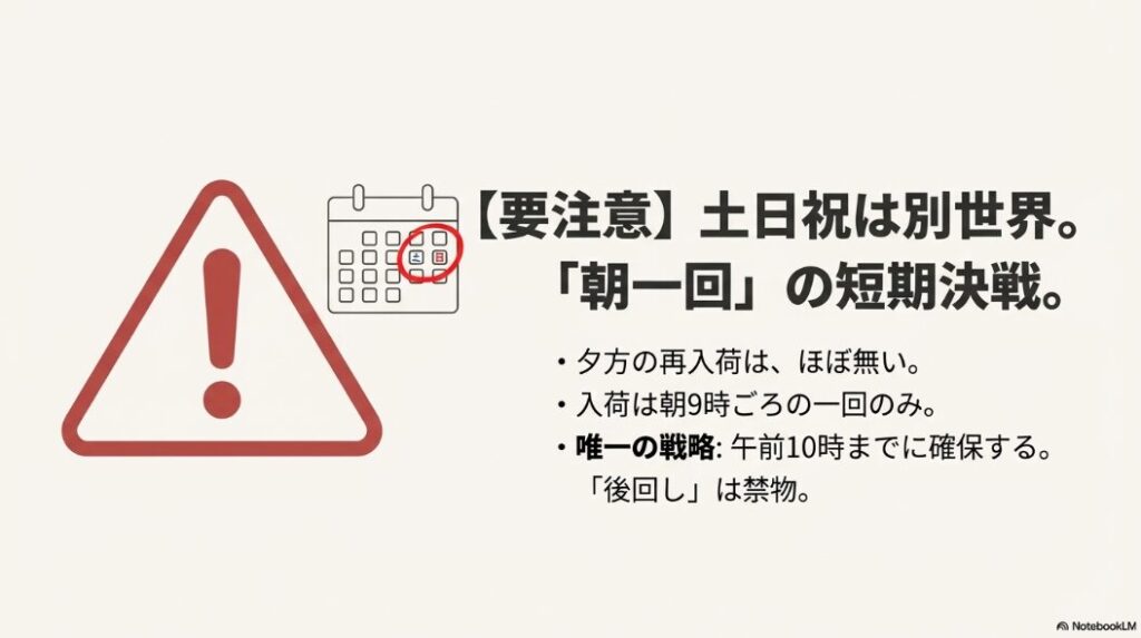 土日祝日は入荷が朝9時の1回のみで、夕方の再入荷がないことを警告する注意喚起スライド。
